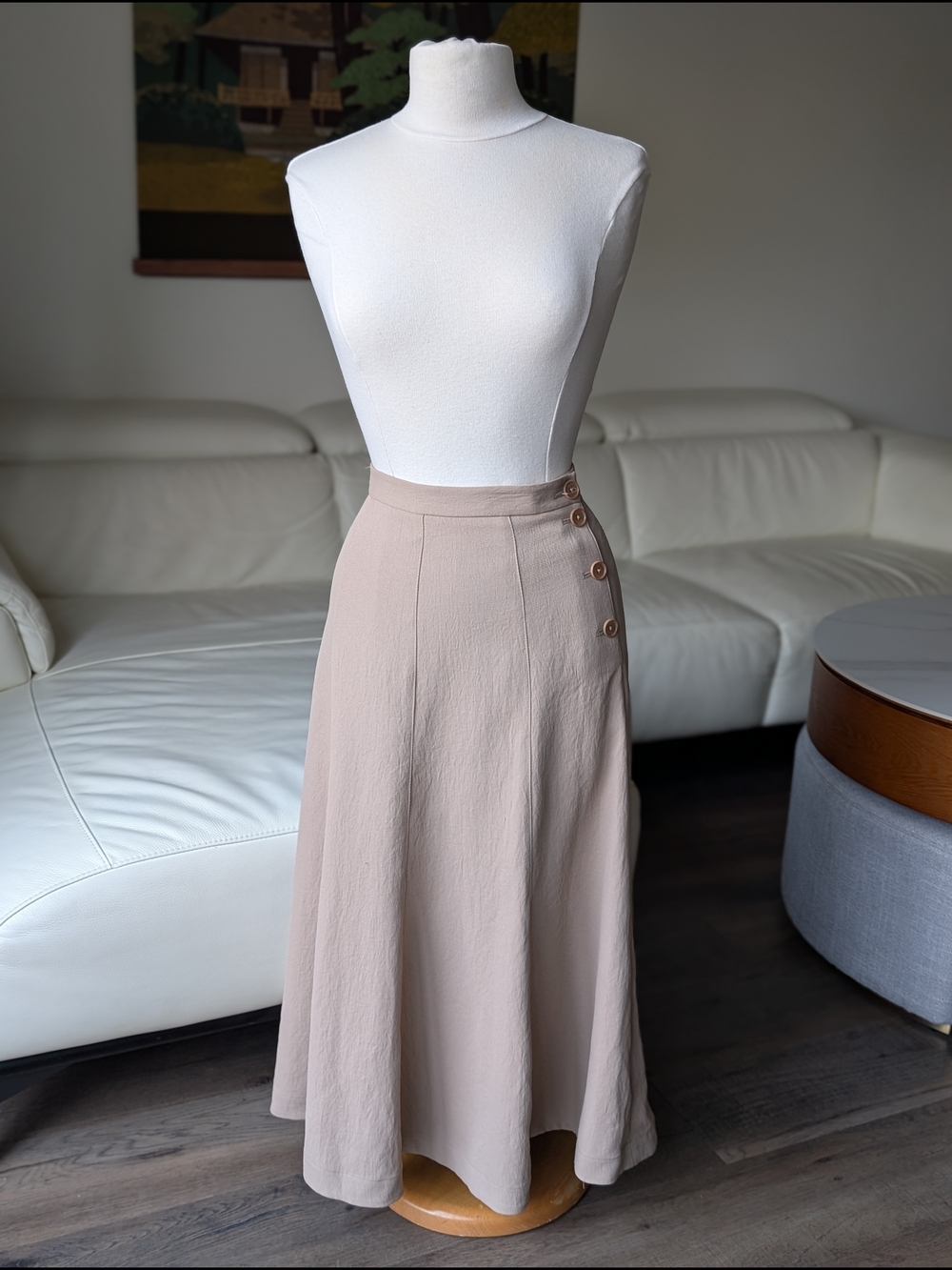 Wilfred Taupe A-Line Midi Skirt with Side Button Detail US 4